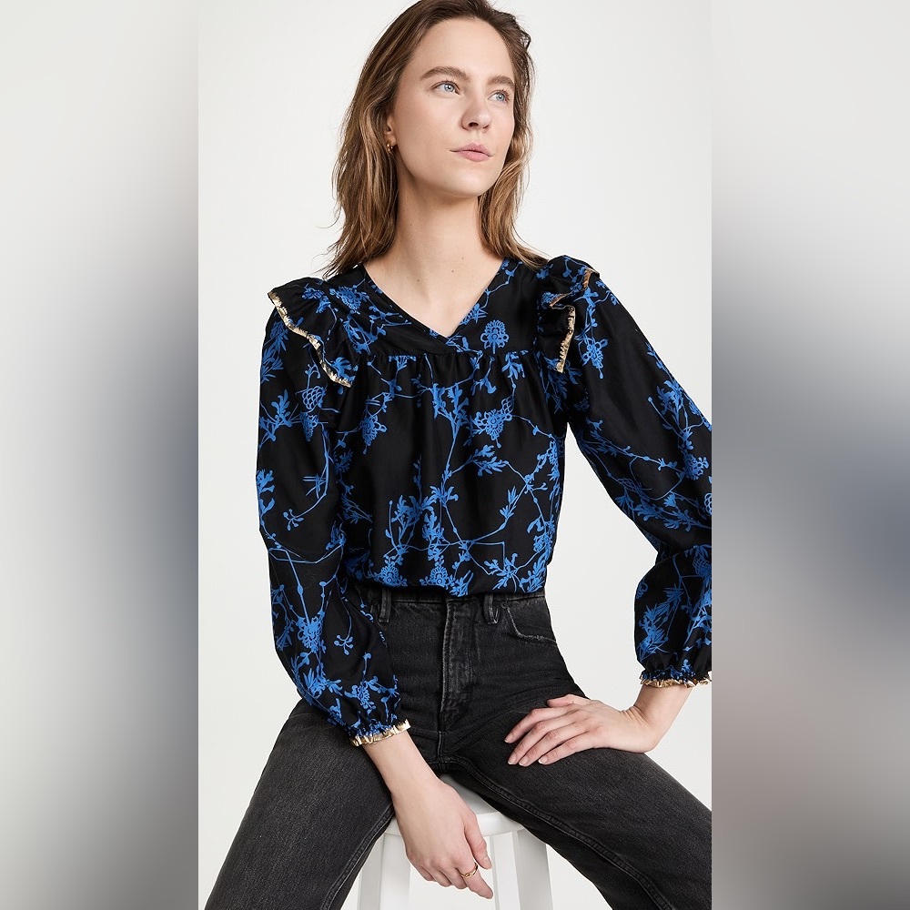 MUNTHE Women's Size 38 Numina Floral Ruffle Blouse Black Blue Gold V Neck Silk